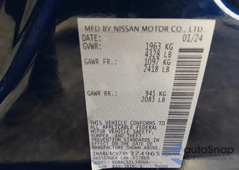 2024 Nissan Altima Sr Fwd z USA, uszkodzony, nr VIN 1N4BL4CV7RN374965